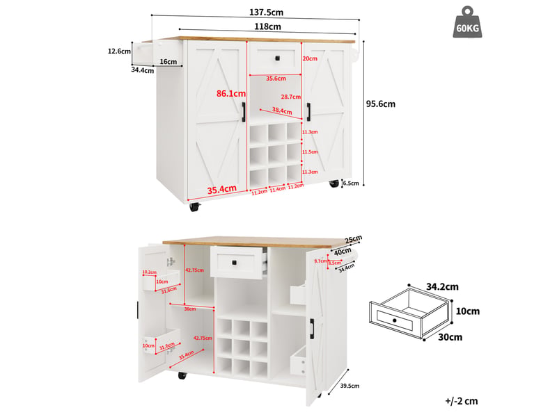  Îlot de cuisine 137,5x40-65x95,6 cm avec plateau rabattable et grand rangement, roulettes, pour cuisine, en mdf, blanc  - Conforama C