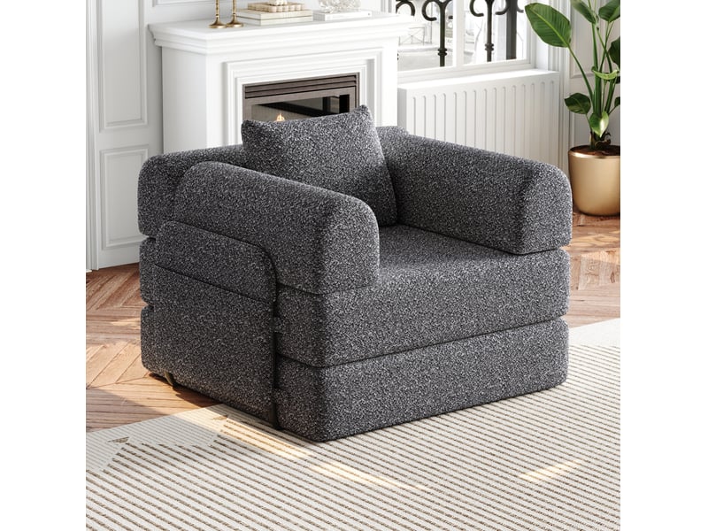  Fauteuil convertible 1 place 2 en 1 avec rangement dans l’accoudoir et structure en acier, chenille gris  - Conforama B