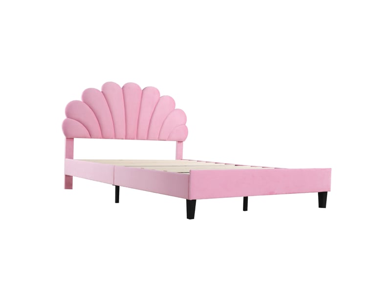  Lit double 140x200 cm en velours rose, tête de lit fleur rembourrée et sommier à lattes  - Conforama E