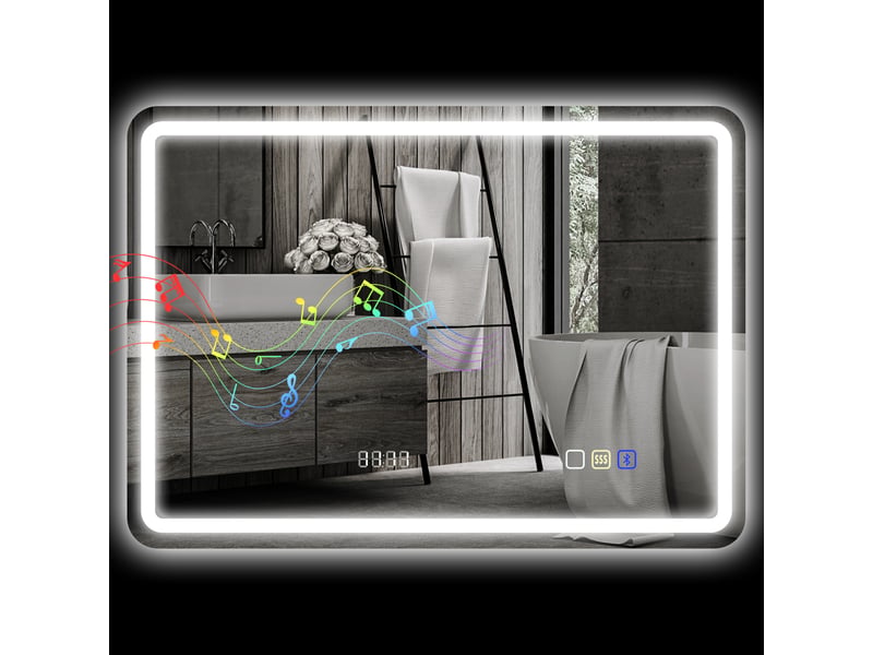 Miroir salle de bain bluetooth avec éclairage led 50 x 70 cm, miroir lumineux mural avec horloge, antibuée, argenté - Conforama B