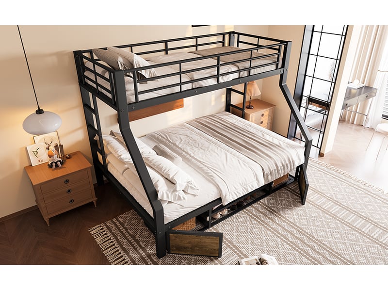  Lit superposé noir 90x200 et 140x200 cm, avec rangements, garde-corps et échelle sécurisée - sans matelas  - Conforama C