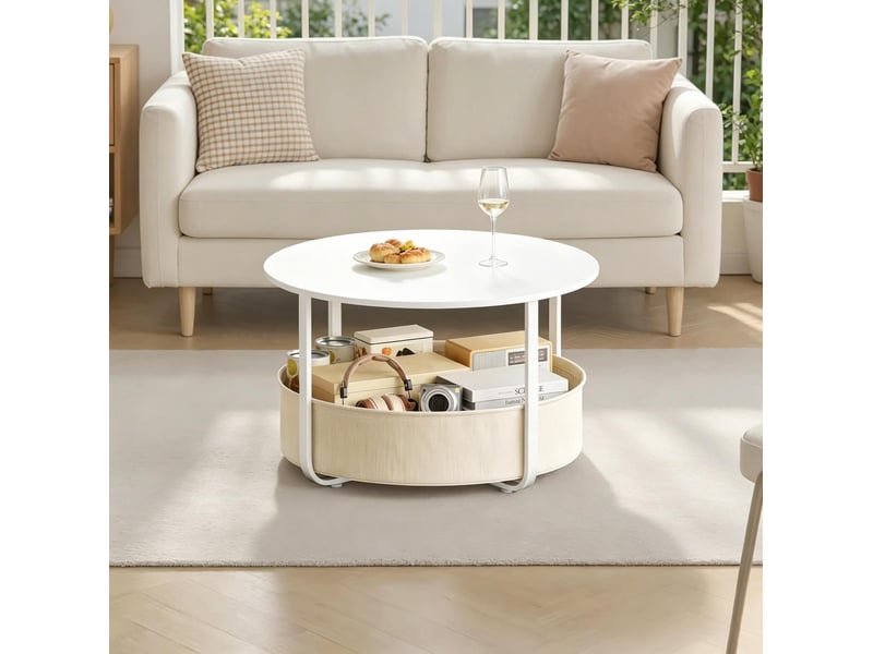  Table basse ronde avec panier de rangement en toile ø 80 cm, beige et blanc  - Conforama E