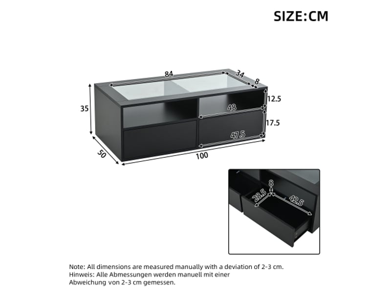 Table basse verre noir led 100×50×35 cm, 2 tiroirs, rangement ouvert, double étage – design contemporain - Conforama C