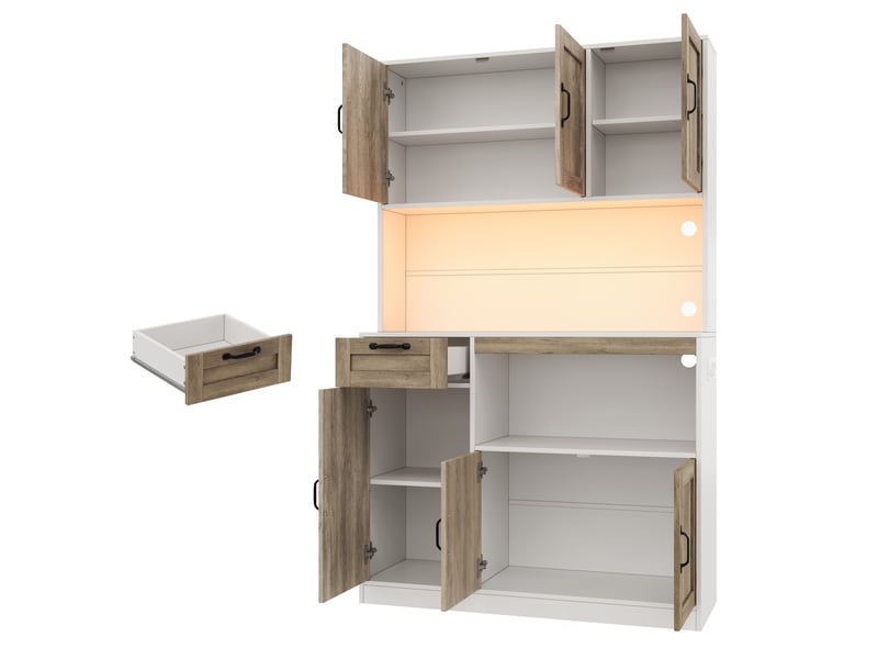 Armoire de rangement haute cuisine avec éclairage led et prises, buffet 6 portes et 1 tiroir, vitrine pour salon et salle à manger, 110 × 40 × 180 cm - Conforama A