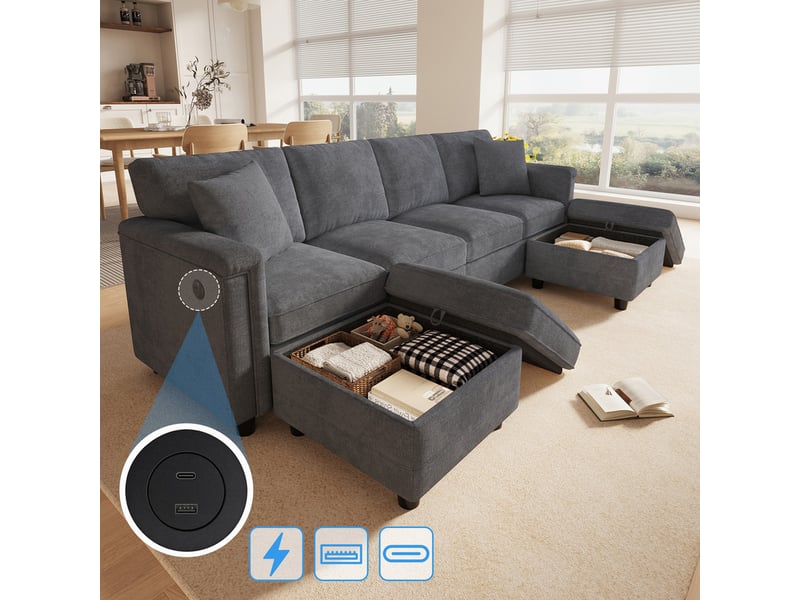  Canapé d'angle moderne ,4 places, avec 2 tabourets de rangement et 2 coussins décoratifs ,261 × 134 × 82 cm,gris  - Conforama E