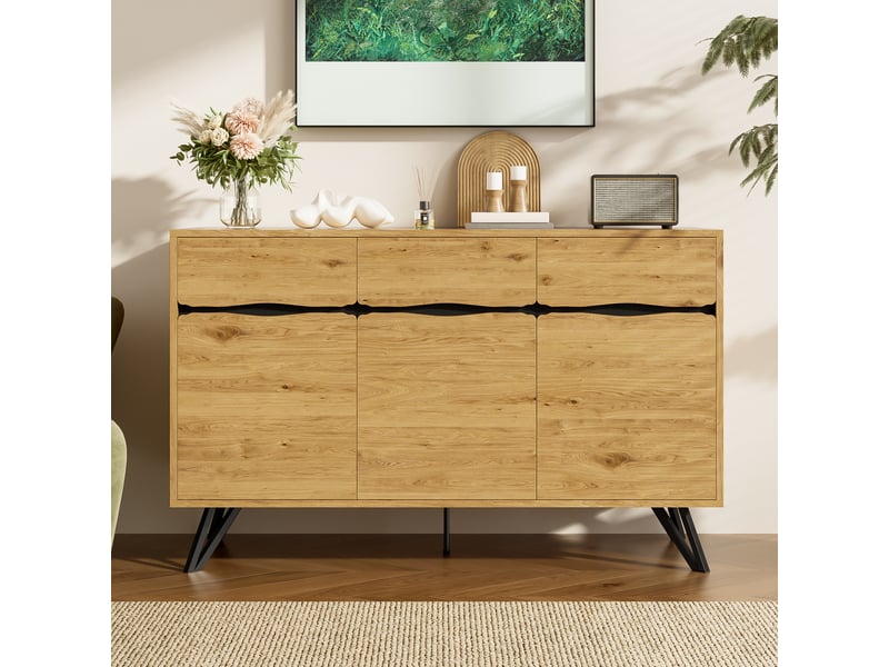 Buffet 3 portes effet bois avec pieds métalliques et grand espace de rangement multifonction - Conforama B