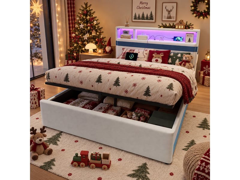  Lit coffre 140x200 cm avec rangement hydraulique, tête de lit à niches, led, ports usb, poches latérales, sommier à lattes, velours blancbleu  - Conforama B