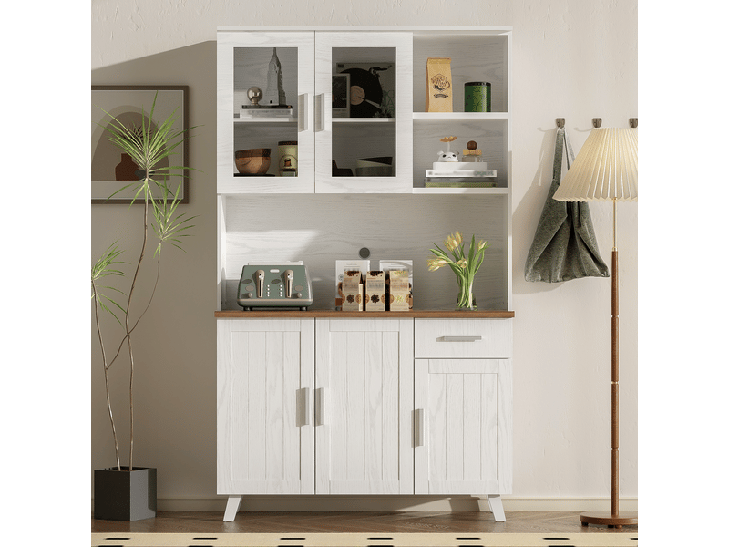 Buffet haut effet bois blanc, 114 × 40 × 190 cm, pour salon et salle à manger - Conforama B