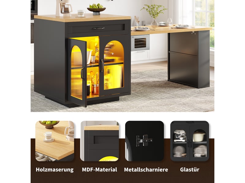 Îlot de cuisine extensible avec led, 2 tiroirs, étagères réglables, portes en verre rainuré et plan de travail mdf - Conforama D