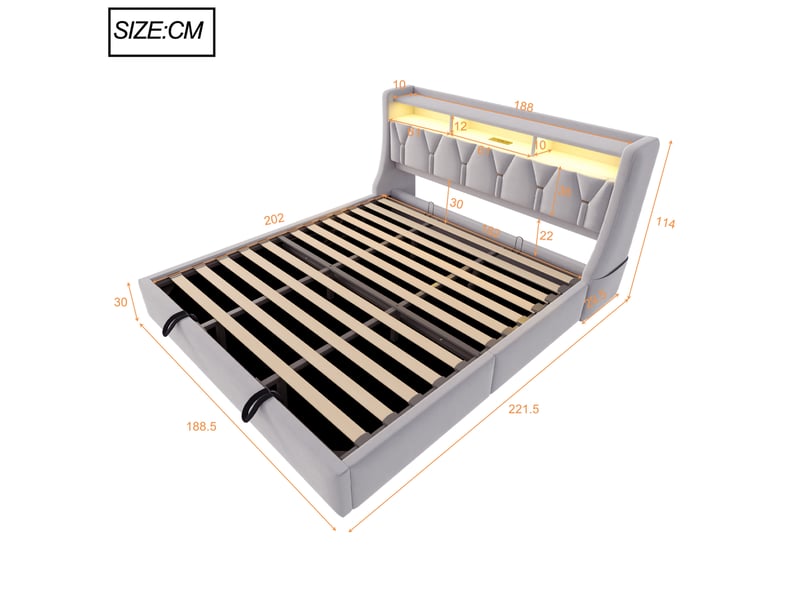  Lit coffre tcqpz 180 x 200 cm rembourré en velours gris clair avec led, prises usb et type-c  - Conforama C