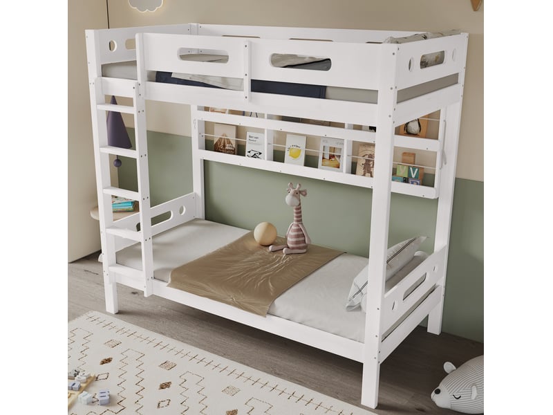 Lit superposé enfant 90x200 cm avec barrières, étagères et échelle 5 marches - Conforama B