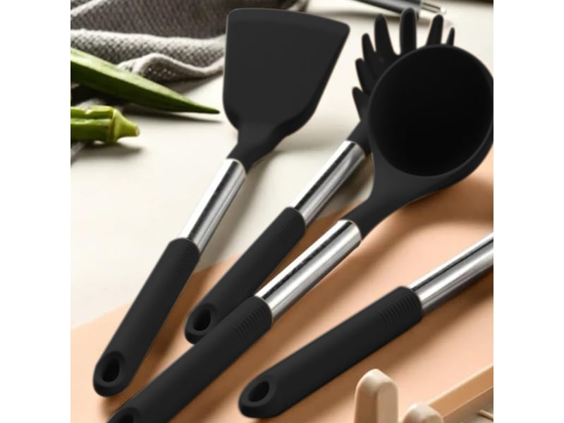 Set de 12 ustensiles de cuisine en silicone et acier inoxydable noir avec rangement chicfurn - Conforama R