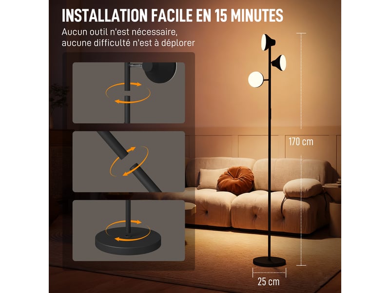  Lampadaire led noir à 3 têtes orientables, intensité 4150 lm et blanc réglable 2700 à 6000 k avec télécommande pour salon  - Conforama C