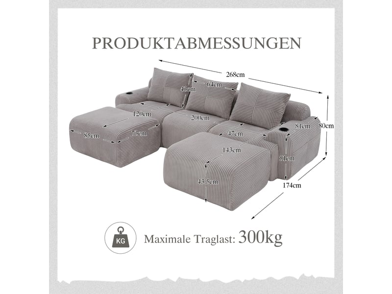  Canapé modulable 3 places 268x174x80 cm porte-gobelets poche latérale assise large confort velours côtelé gris clair  - Conforama C