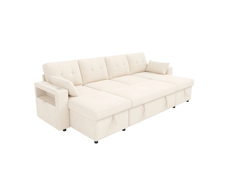  Canapé modulable u 4 places convertible, chenille beige, rangement, usb-c et led  - Conforama D