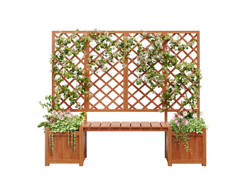 Jardinière avec treillis comme, jardinière à fleurs, pot de fleurs, , jardinière en bois de sapin massif, avec treillis et siège, marron