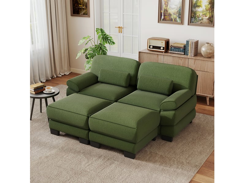 Canapé droit modulaire 2 places en velours côtelé vert avec 2 poufs - Conforama D