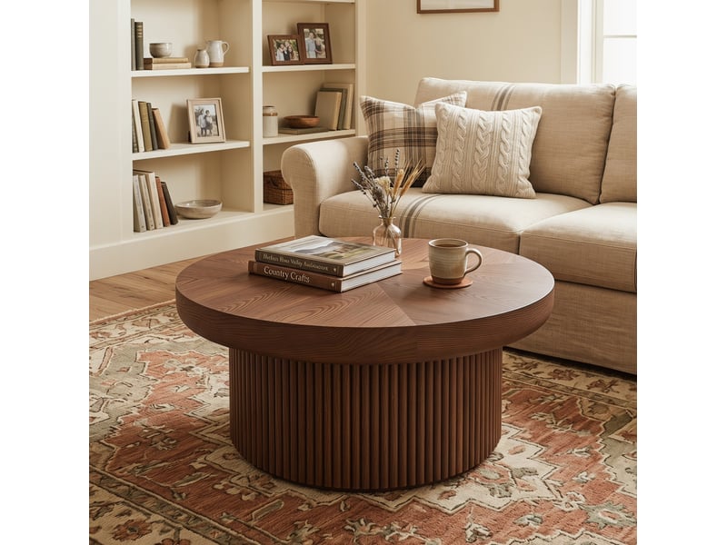  Table basse ronde ø78x38,5 cm plateau marqueterie bois, base cylindrique cannelée, plateau épais, design moderne, bois foncé  - Conforama D
