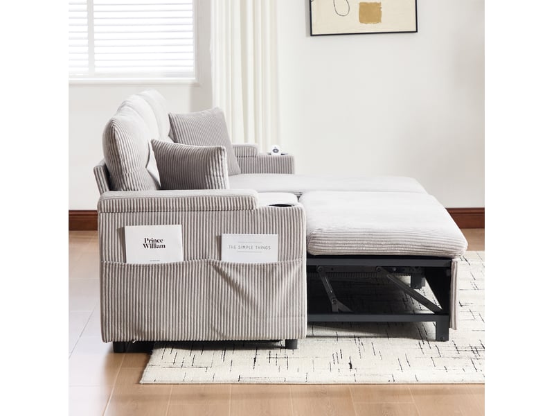  Canapé 3 places 212,5x136x86cm avec rangement, porte-verres et ports usb-c, confort et doux, velours côtelé gris clair  - Conforama E