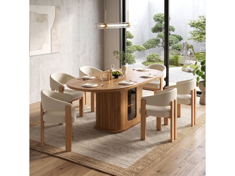  Ensemble table extensible 160200 x 90 cm + 6 chaises ergonomiques rembourrées, aspect bois, coins arrondis, plateau épaissi  - Conforama D