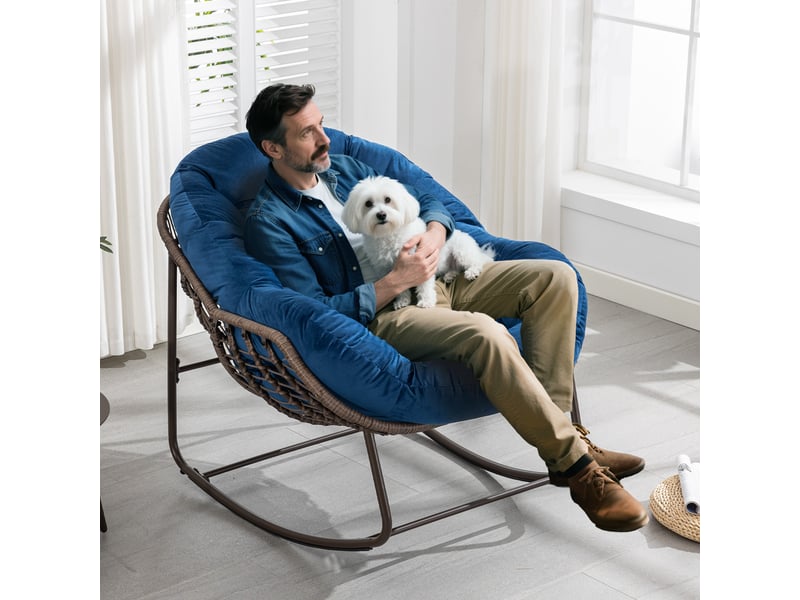  Cocon - fauteuil à bascule en rotin naturel - forme œuf et coussin bleu - confortable pour salon, véranda ou chambre  - Conforama D
