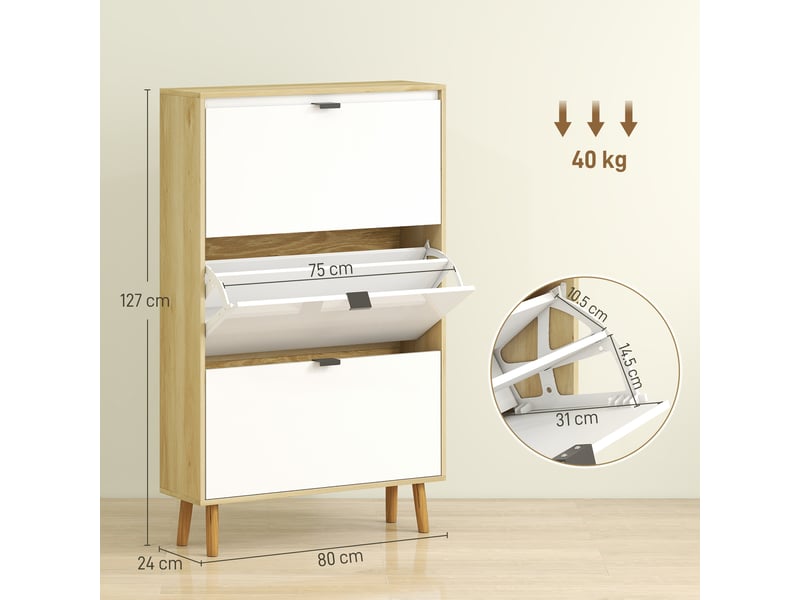  Étagère à chaussures moderne et fine avec 3 tiroirs inclinables pour 24 paires de chaussures, 80 x 24 x 127 cm, blanche  - Conforama D