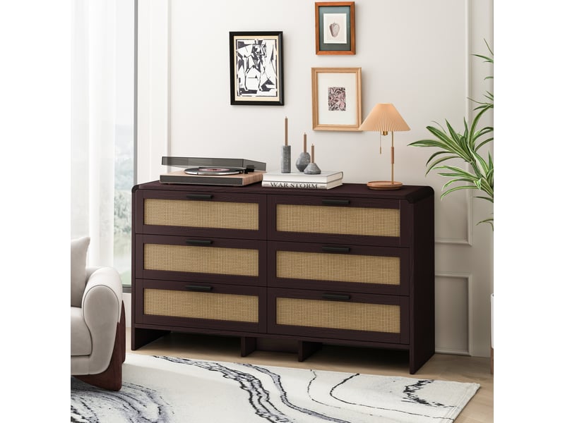  Commode de rangement à 6 tiroirs – rotin naturel et angles arrondis – marron rougeâtre – 130 x 40 x 74 cm  - Conforama C