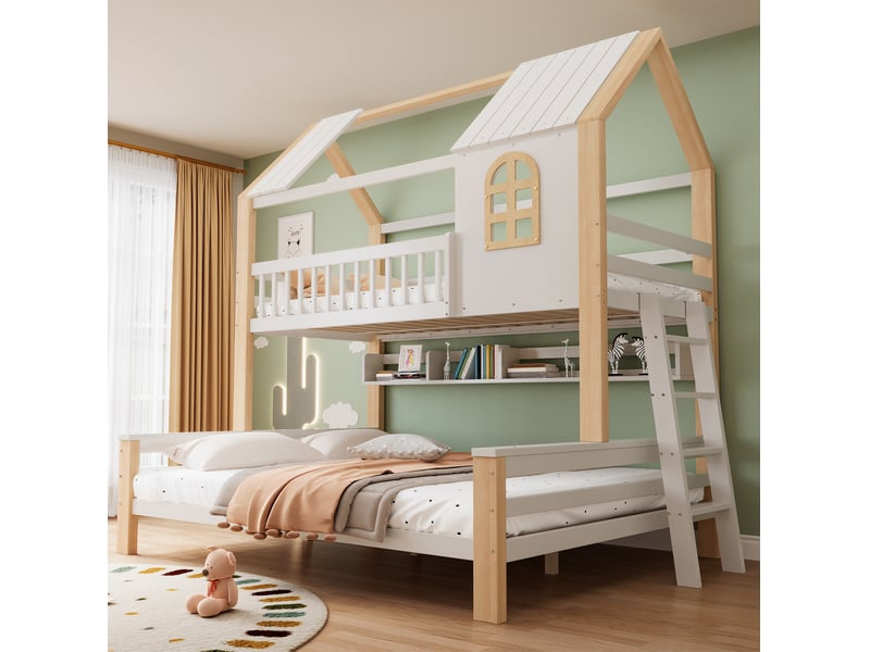 Lit superposé cabane 90x200 et 140x200 cm avec garde-corps, blanc et bois naturel - Conforama B