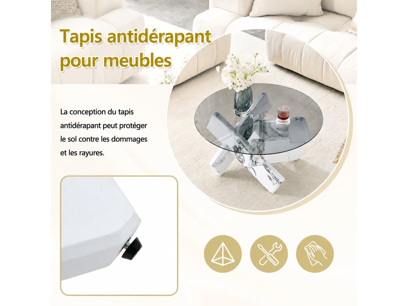  Table basse ronde en verre, table de salon moderne blanche avec plateau en verre trempé et socle géométrique aspect marbre, ø 79 cm.  - Conforama R
