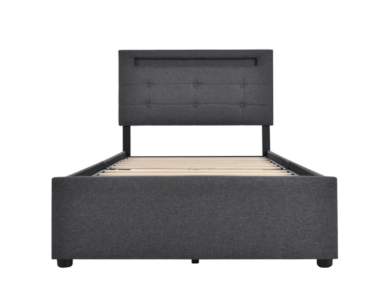  Lit avec tiroirs 90x200 cm, lit simple en lin gris avec 2 tiroirs, led et tête réglable, sans matelas  - Conforama E