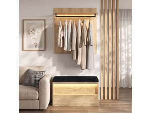 Meuble d'entrée 90x47x145 cm, vestiaire d'entrée moderne avec led et coussin pour couloir, avec banc à chaussures et portemanteau, bois