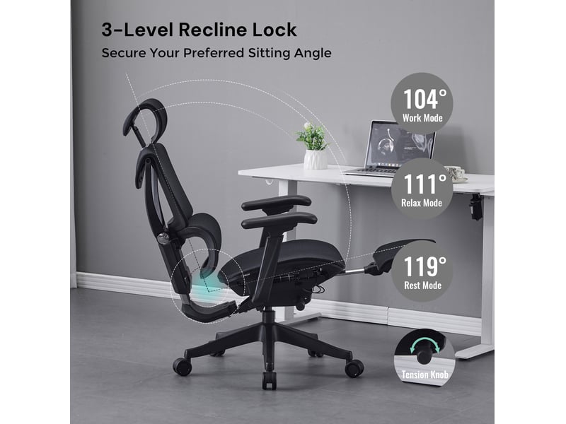  Fauteuil de bureau ergonomique 70,6x70,6x110,5 cm – noir – réglage à 3 boutons et dossier inclinable  - Conforama E