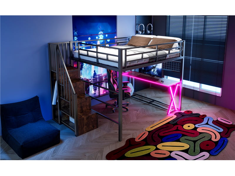  Lit mezzanine 160 × 200 cm, bureau intégré, armoire, escalier de rangement et éclairage led, en métal et mdf, noir  - Conforama B