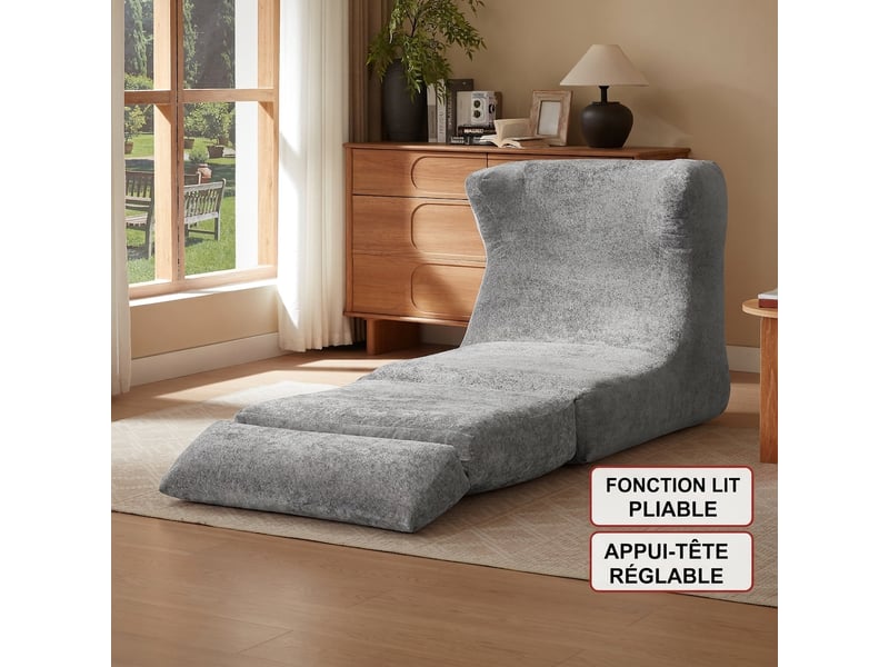  Fauteuil paresseux gris canapé sans armature en mousse convertible en chaise longue 90x118x86cm  - Conforama B