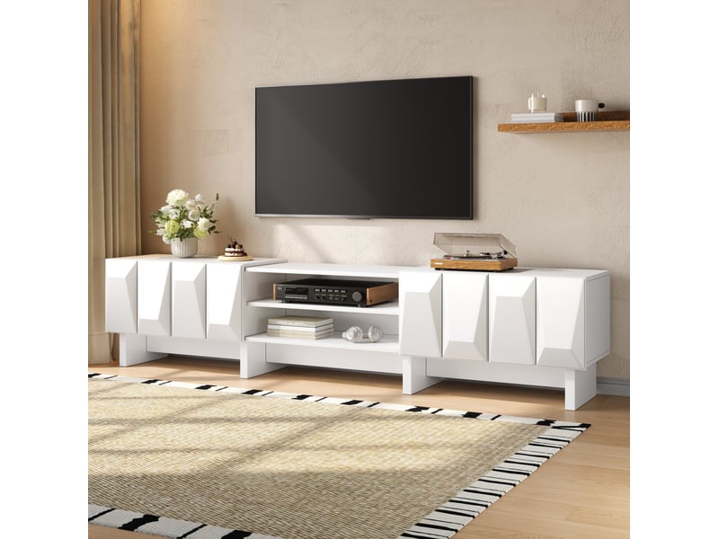  Meuble tv 180x34x44,5 cm – blanc – rangement fermé, niches ouvertes, passe-câbles, style moderne  - Conforama E