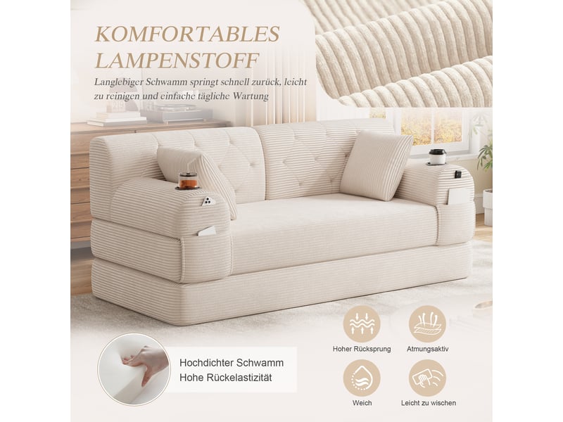 Canapé droit convertible 2 places en velours côtelé beige 168x80x81 cm, dossier haut, porte-gobelets, poches, salon 168x80x81cm - Conforama E