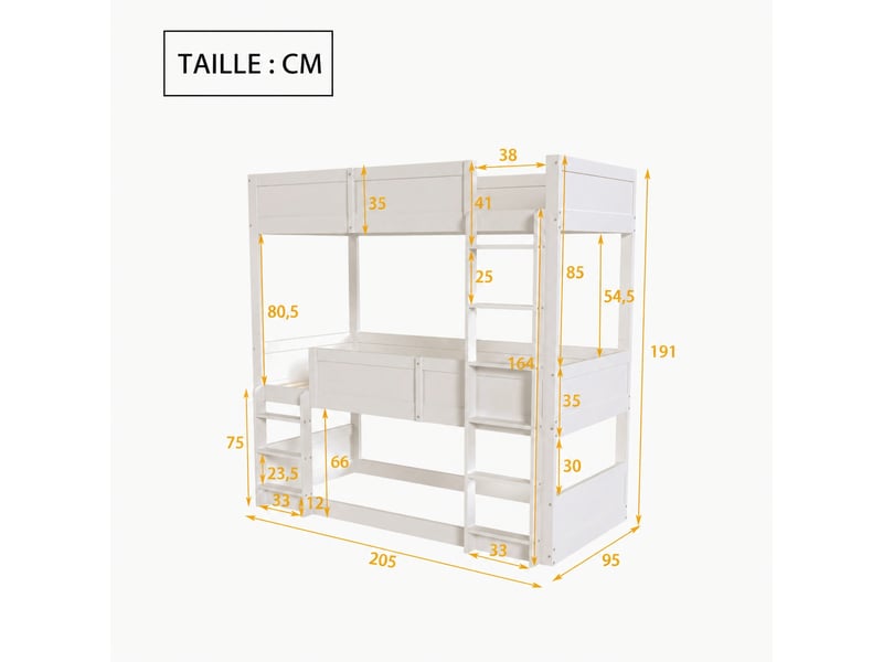 Lit triple superposé 90 x 200 cm modulable, en bois blanc, avec barrières hautes pour chambre d'enfants - Conforama C
