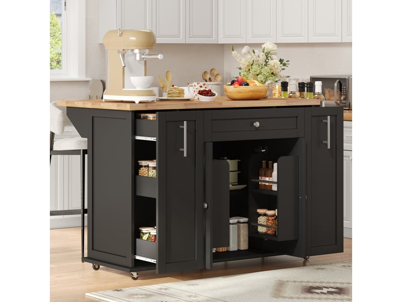  Desserte de cuisine 120 x 45-70 x 87 cm noir et naturel en mdf, plateau rabattable et rangement mobile  - Conforama D