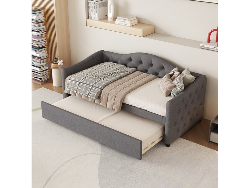  Lit gigogne, 90x200 cm, lit tiroir pensé pour libérer de l’espace, style minimaliste moderne, lin et mdf, coloris gris  - Conforama E