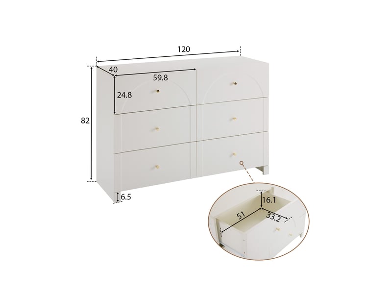  Commode 6 tiroirs, 120x40x82 cm, buffet meuble de rangement pour chambre et salon, style romantique chic en bois, blanc  - Conforama E