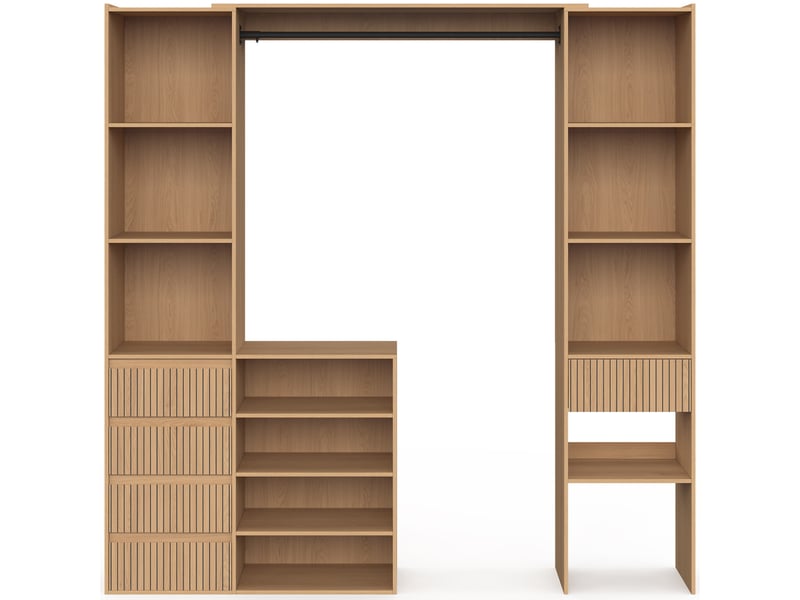  Dressing extensible double xxl juliette 120-180 cm effet lattes tasseau bois avec tiroirs + étagères + penderie  - Conforama C