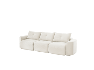 Canapé modulable 3 places 279x100x84 cm beige en tissu côtelé, configuration 2+1 et 3 coussins de dossier