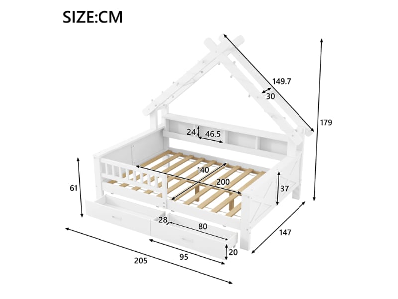 Lit-plateforme bois en forme de maison 140x200 cm led blanc – rangements, tiroirs, étagères, garde-corps - Conforama A