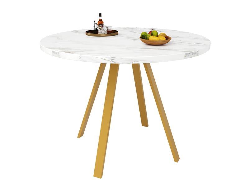  Table à manger ronde ø80 cm en mdf, pieds métal dorés, blanc effet marbre  - Conforama A