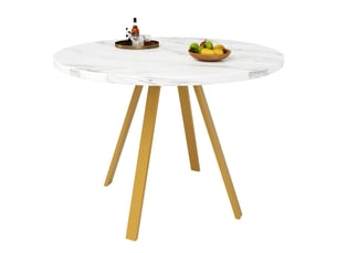 Table à manger ronde ø80 cm en mdf, pieds métal dorés, blanc effet marbre