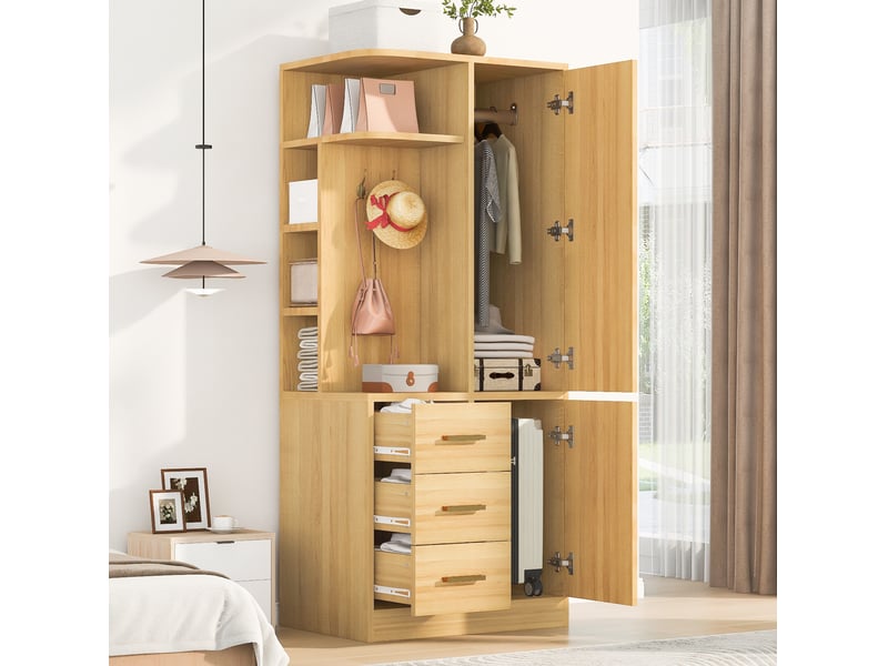  Armoire 70x50x170 cm 1 porte, en bois, tiroirs et tringle, bois naturel, étagères et crochets de rangement  - Conforama B