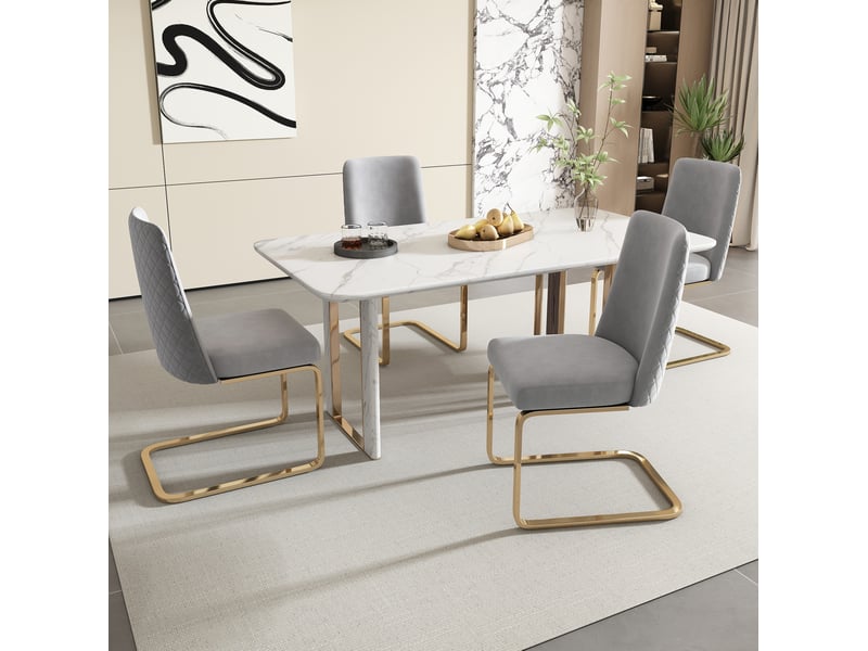  Lot de 4 chaises de salle à manger en velours gris avec pieds en métal doré  - Conforama C