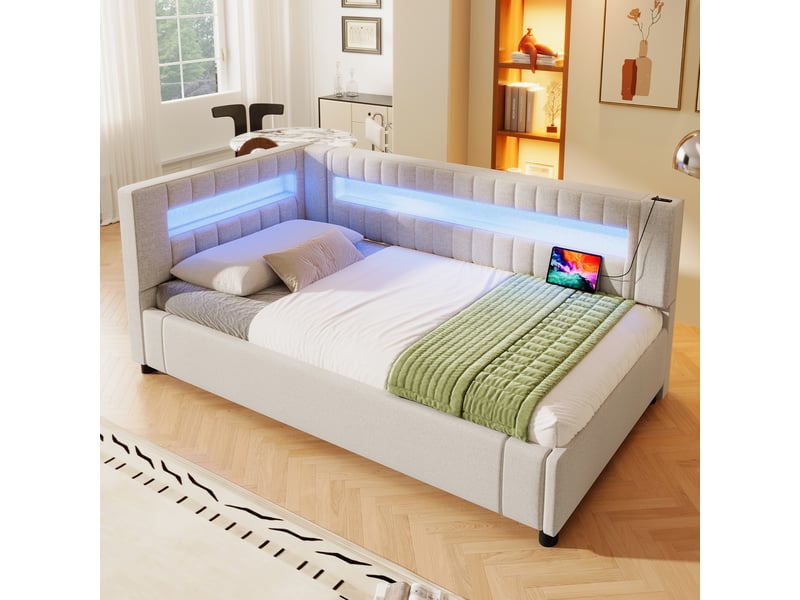 Lit de jour canapé-lit, 90 × 200 cm, beige, lin, coffre hydraulique, led via app, usb + type-c, sans matelas, design fonctionnel - Conforama E