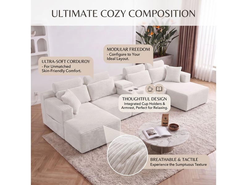 Canapé modulable en u 372 cm, canapé panoramique en velours côtelé, assise profonde, 2 porte-gobelets intégrés,blanc - Conforama D