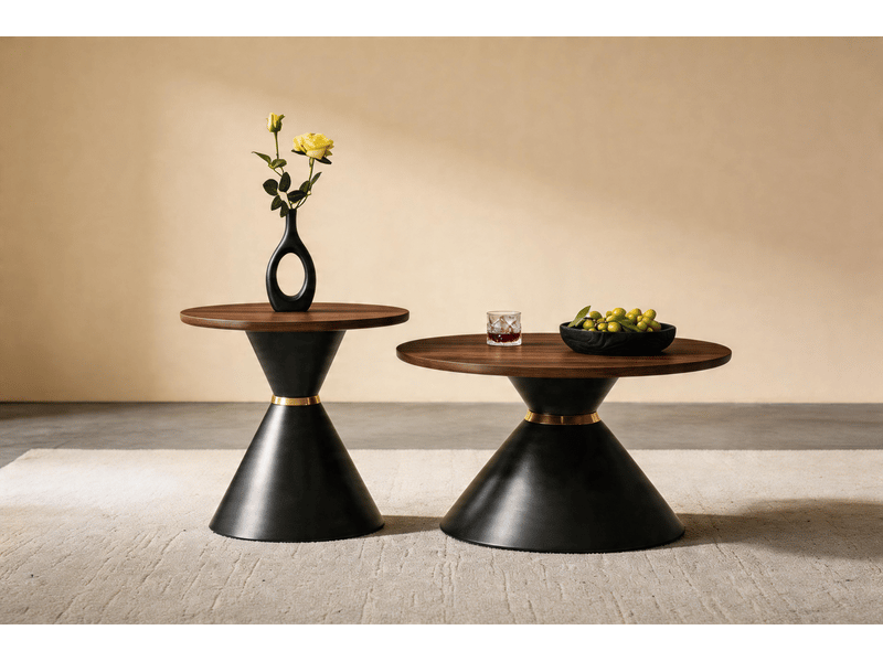  Table basse lot de 2 pièces forme ronde effet noyer cadre métal noir format compact  - Conforama B